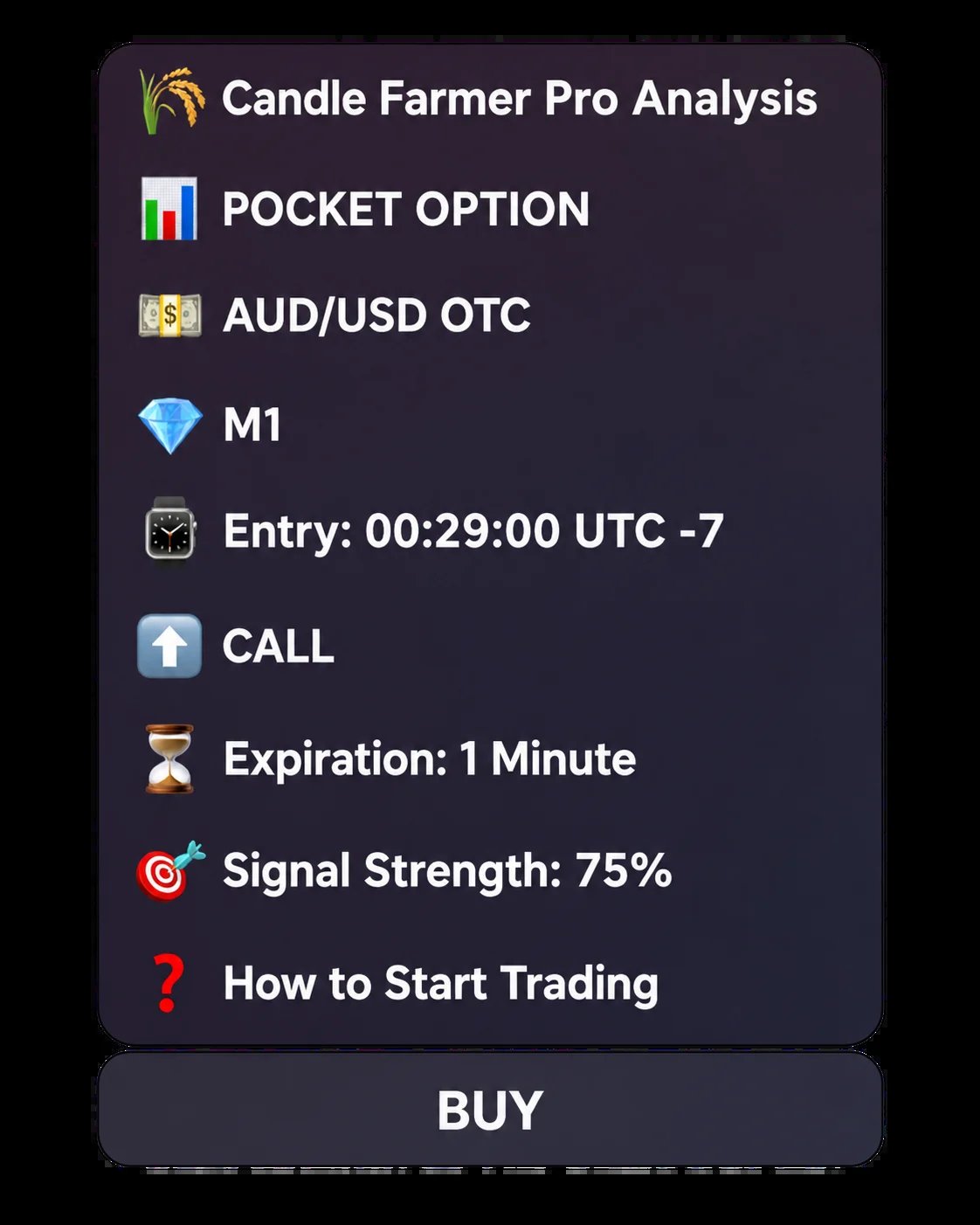 Candle Farmer Pro Analysis trading signal for AUD/USD OTC with Call option entry at 00:29:00 UTC-7, 1 minute expiration, and 75% signal strength