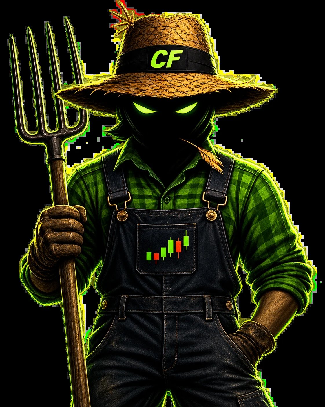 Neon glowing farmer character wearing CF hat and green plaid shirt, holding pitchfork with trading chart on overalls pocket